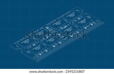 Isometric random access memory blueprint. RAM memory realistic 3d isometric. Computer hardware components. Vector illustration
