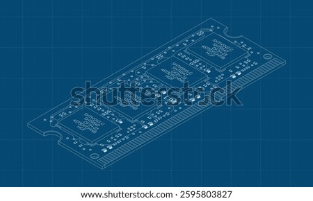 Isometric random access memory blueprint. RAM memory realistic 3d isometric. Computer hardware components. Vector illustration