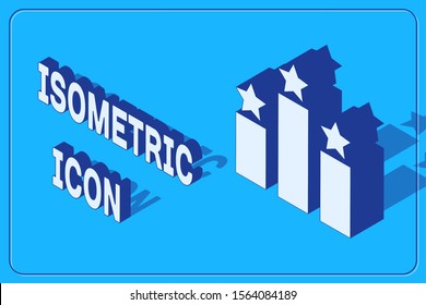 Isometric Ranking star icon isolated on blue background. Star rating system. Favorite, best rating, award symbol.  Vector Illustration