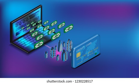 Isometric raptop internet banking and credit card can make smart city cashless technology to money transfer, financial transaction flat.3d vector concept illustration.