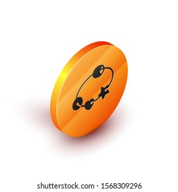 Isometric Rattle baby toy icon isolated on white background. Beanbag sign. Orange circle button. Vector Illustration