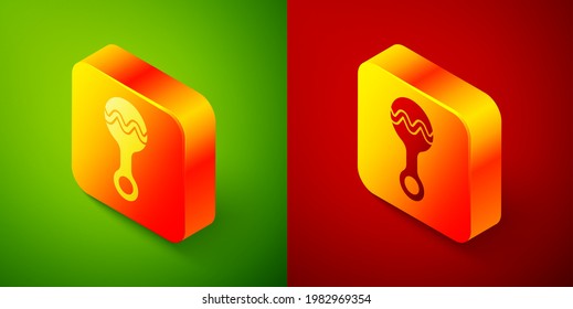 Isometric Rattle baby toy icon isolated on green and red background. Beanbag sign. Square button. Vector