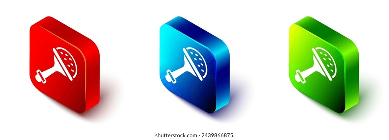 Isometric Rattle baby toy icon isolated on white background. Beanbag sign. Red, blue and green square button. Vector