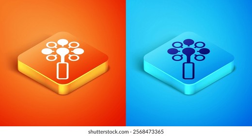 Isometric Rattle baby toy icon isolated on orange and blue background. Beanbag sign.  Vector