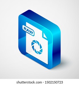 Isometric RAW file document. Download raw button icon isolated on white background. RAW file symbol. Blue square button. Vector Illustration