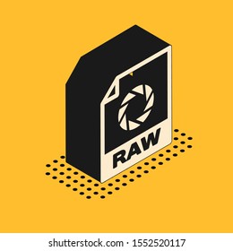 Isometric RAW file document. Download raw button icon isolated on yellow background. RAW file symbol.  Vector Illustration