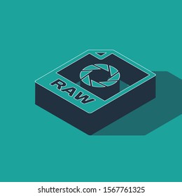 Isometric RAW file document. Download raw button icon isolated on green background. RAW file symbol.  Vector Illustration