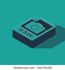 Isometric RAW file document. Download raw button icon isolated on green background. RAW file symbol.  Vector Illustration
