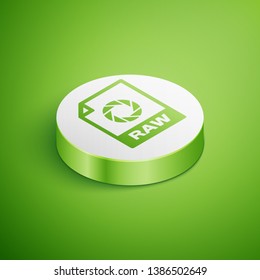 Isometric RAW file document icon. Download raw button icon isolated on green background. RAW file symbol. White circle button. Vector Illustration