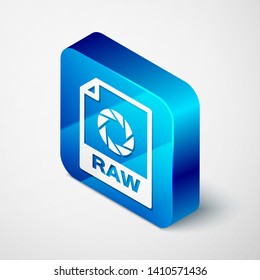 Isometric RAW file document icon. Download raw button icon isolated on white background. RAW file symbol. Blue square button. Vector Illustration
