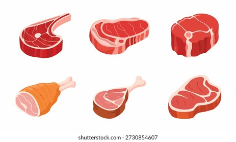 Isométricos de cortes de carne cruda, incluidos filetes y carne de cerdo de res de corcho de jamón