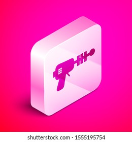 Isometric Ray gun icon isolated on pink background. Laser weapon. Space blaster. Silver square button. Vector Illustration