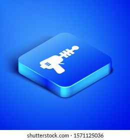 Isometric Ray gun icon isolated on blue background. Laser weapon. Space blaster. Blue square button. Vector Illustration