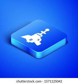 Isometric Ray gun icon isolated on blue background. Laser weapon. Space blaster. Blue square button. Vector Illustration