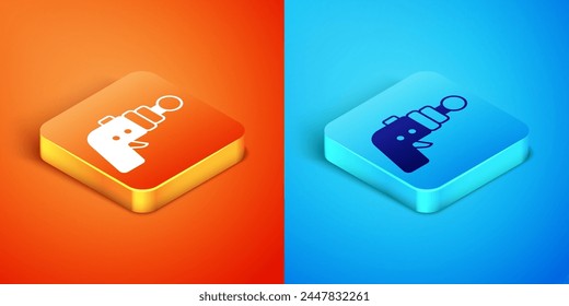 Isometric Ray gun icon isolated on orange and blue background. Laser weapon. Space blaster.  Vector