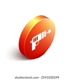 Isometric Ray gun icon isolated on white background. Laser weapon. Space blaster. Orange circle button. Vector