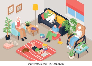 Isometric reading book composition with indoor view of living room with family members reading various books vector illustration