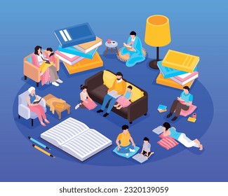 Isometric reading book composition with isolated circle view of book stacks lamps and faceless human characters vector illustration