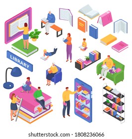 Isometric reading book concept of learning, read books in the library, classroom, education flat design vector illustrations set. Readers in university, students, open and closed textbooks, bookshelf.