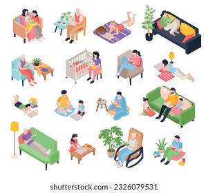 Isometric reading book people set with isolated icons of interior elements with human characters and books vector illustration