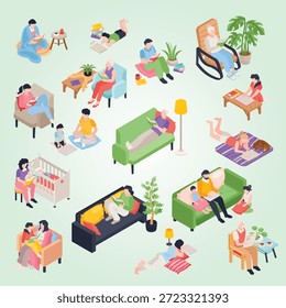 Conjunto de personas de libro de lectura isométrica con iconos aislados de Elementos interiores con personajes humanos y libros Ilustración vectorial