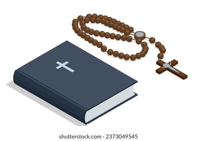 Isometric reading christian literature and rosary. Religion and its representatives.