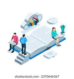 isometric reading people on a large open book, in color on a white background, reading in the library or studying