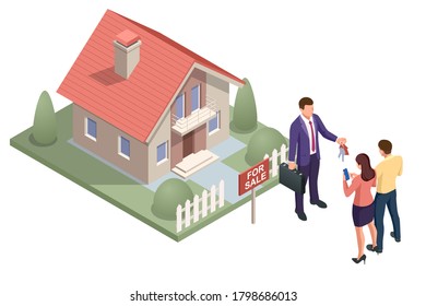 Isometric real estate agent with house model and keys. Buying, selling or renting real estate