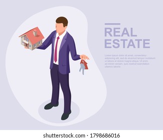 Isometric real estate agent with house model and keys. Buying, selling or renting real estate