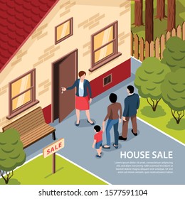 Isometric real estate background with outdoor landscape and agent opening house door to clients with text vector illustration