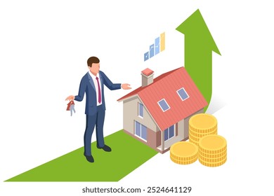 Isometrische Immobilien kaufen Darlehen. Geschäftliche Immobilien Investitionen und finanzielle. Darin wird die Kapitalrendite (ROI Return on Investment, ROI) oder die Hypothek hervorgehoben. Dies deutet auf eine Möglichkeit für Hauseigentum oder Investitionen hin.