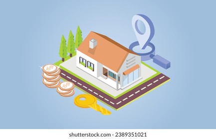 Isometric real estate concept.researching real estate market and choosing new home, client buying property and moving.on blue background.3D design.isometric vector design Illustration.