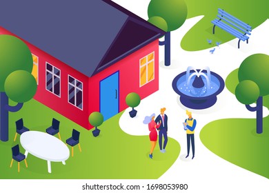 Isometric real estate house vector illustration. 3d cartoon young couple people rent apartment property, characters invest in new home, meeting with agent. Estate agency business advertising concept