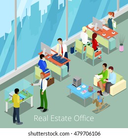 Isometric Real Estate Office. Flat 3d Interior with Managers and Clients. Vector illustration