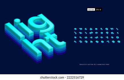 Isometric realistic 3d neon alphabet vector font typeface