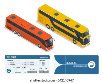 Isometric realistic bus and boarding pass ticket template design isolated on white background. Travel around the world and countries. Recreation and entertainment. Business trip. Vector illustration