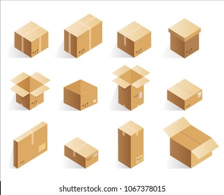 Isometric realistic cardboard delivery boxes. Opened, closed logistic box.