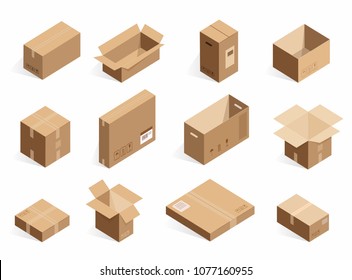 Isometric realistic cardboard delivery boxes. Opened, closed logistic box isolated on the white background.