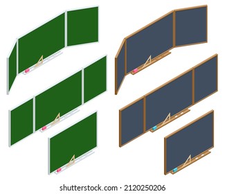 Isometric realistic chalk boards isolated on white background. Realistic blank green and black chalkboard in wooden frame