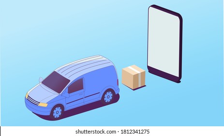 Isometric realistic delivery van with smartphone and cardboard online delivery package box template . The 3d image has a realistic comic style pastel blue coloring and gradients.