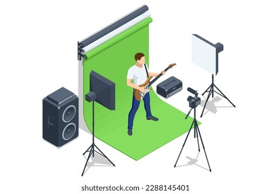 Isometric Realistic Electric Guitar. Man playing an electric guitar and records tutorial video how to play electric guitar, the camera on a tripod indoors, combo amp near. Vlogger.