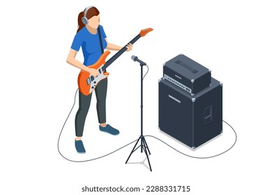 Isometric Realistic Electric Guitar. Woman playing an electric guitar and combo amp near isolated on white background. Rehearsal base