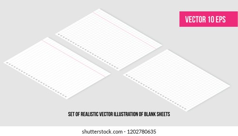 Isometric Realistic vector illustration of blank sheets of square and lined paper from a block. Easily editable mockup vector.