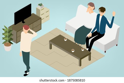 Isometric, rebellious son and angry father, crying mother