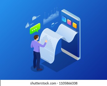 Isometric receipt of statistics data, notification on financial transaction, mobile bank, smartphone with a paper bill. Analysis and statistic online services.