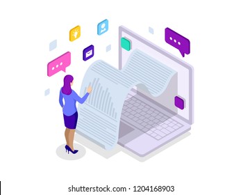 Isometric receipt of statistics data, notification on financial transaction, mobile bank, a smartphone with a paper bill. Analysis and statistic online services. Data Visualization.