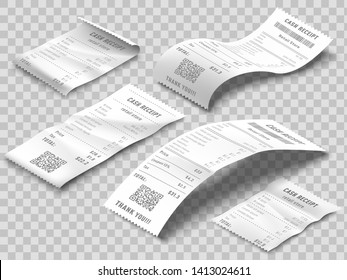 Isometric receipts bill. Printed billing receipt, payment bills and financial bank check print isolated realistic 3d vector set