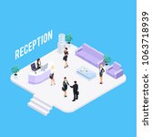 Isometric reception concept isolated on a blue background. 3d reception room with people and furniture. Businessmen in the reception. Vector illustration.