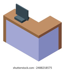 Mostrador de recepción isométrico con ordenador, perfecto para ilustrar vestíbulos de hotel, espacios de oficina o mostradores de servicio