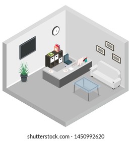 Isometric reception room interior sofa table desk monitor screen waiting area vector illustration